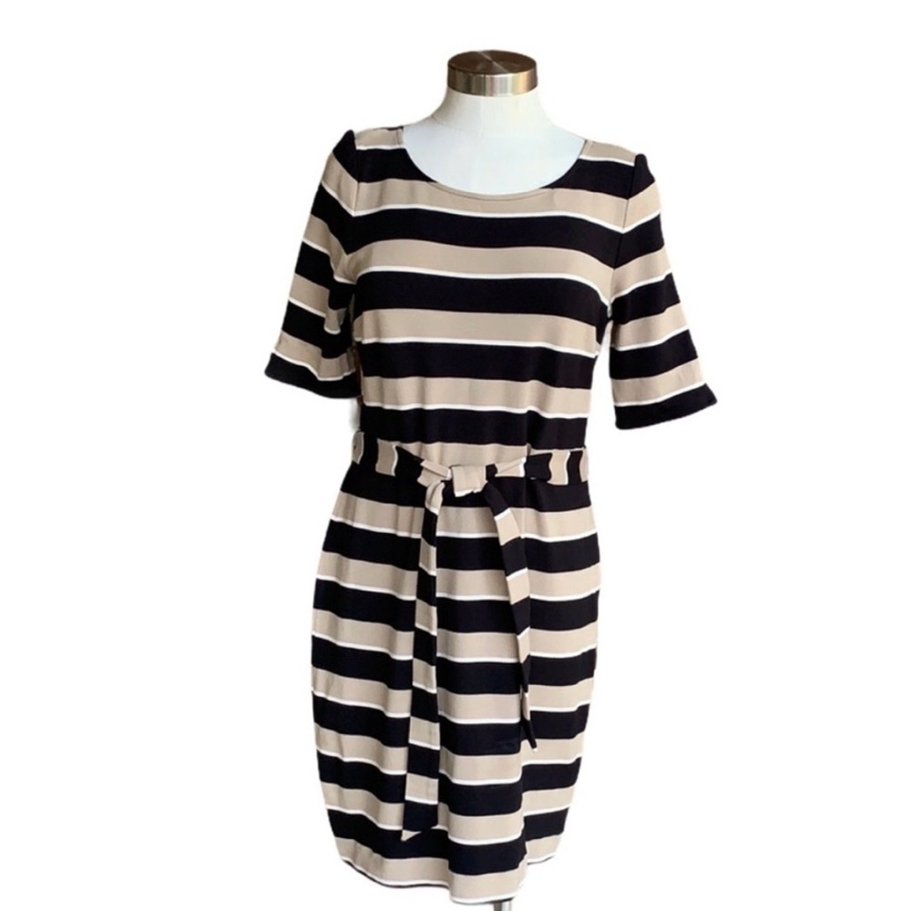 Banana Republic Striped Dress Womens Sheath Career Casual Belted Beige Black